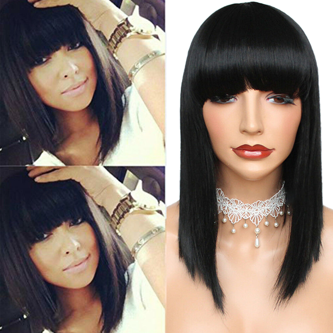Ellyanna | Black Medium Long Straight Synthetic Hair Wig with Bangs