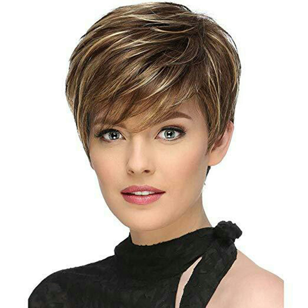 Alejandra | Brown with Blonde Highlight Short Pixie Cut Straight Synthetic Hair Wig With Bangs