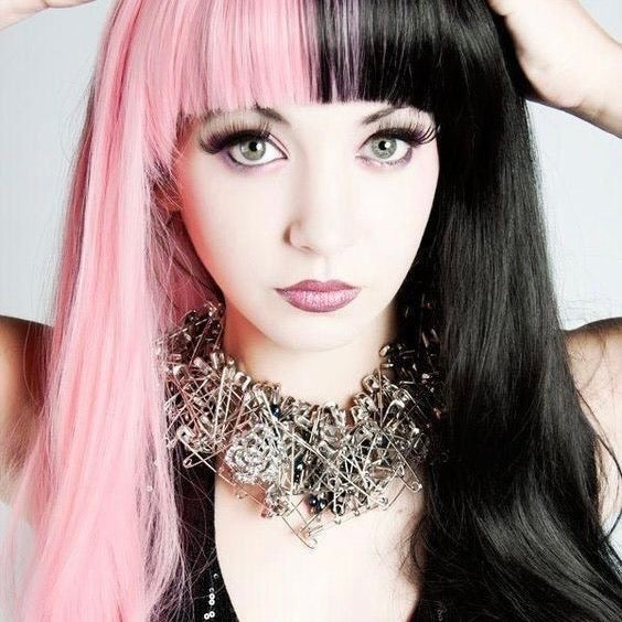 PokerFace | Black and Pink Long Curly Synthetic Hair Wig with Bangs