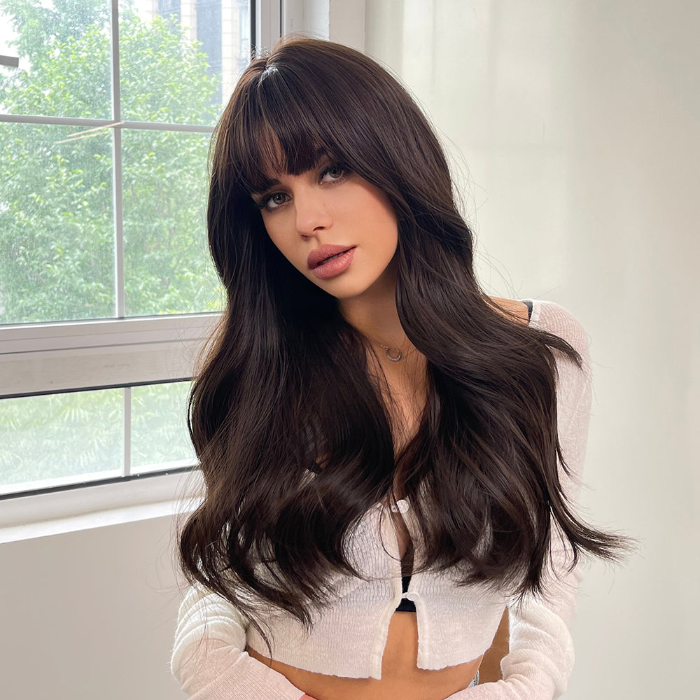 Russian Doll | Brown Long Wavy Synthetic Hair Wig with Bangs