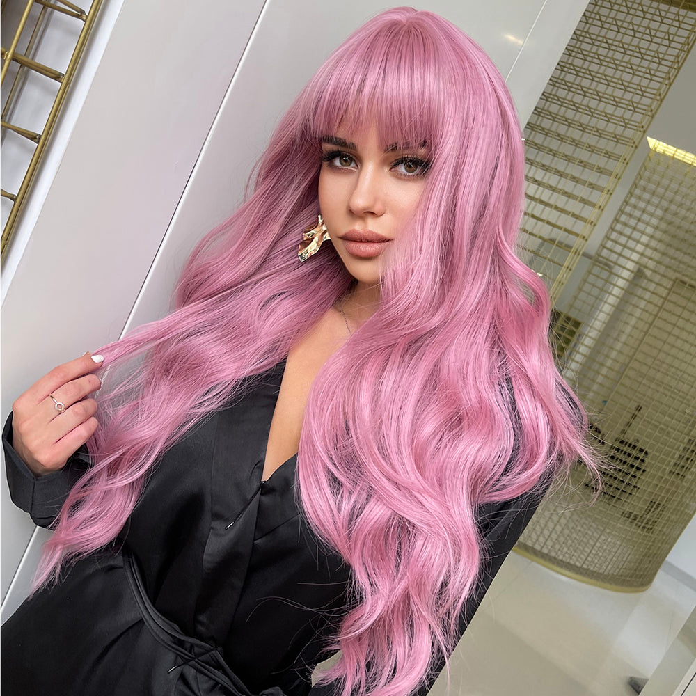 Rosy | Halloween Coral Pink Long Wavy Synthetic Hair Wig with Bangs
