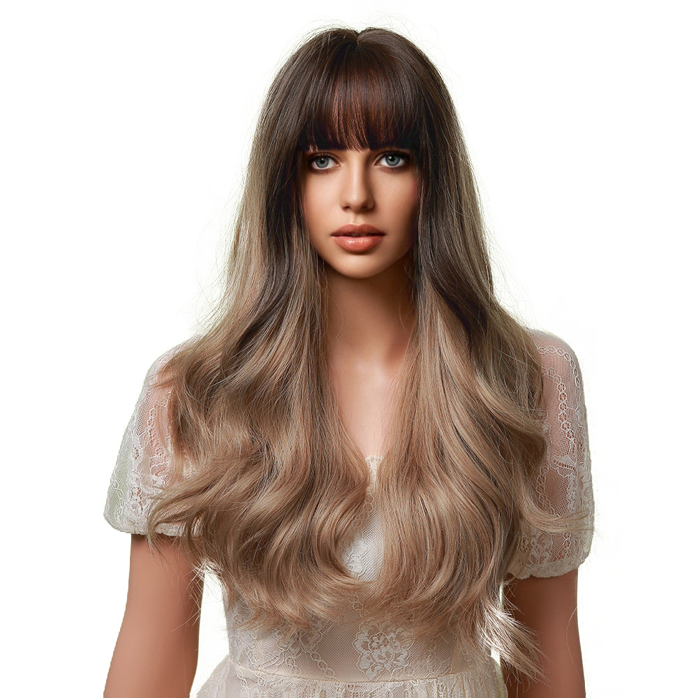 Sofia | Brown Long Wavy Synthetic Hair Wig with Bangs