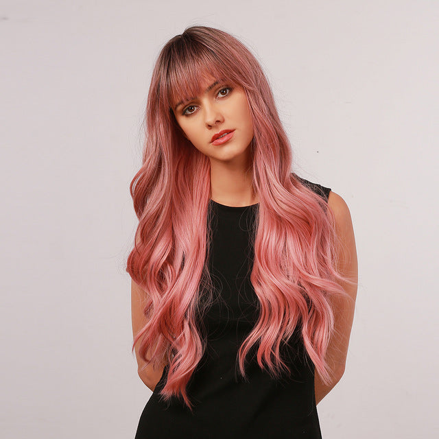 Coral | Pink Long Wavy Synthetic Hair Wig with Bangs